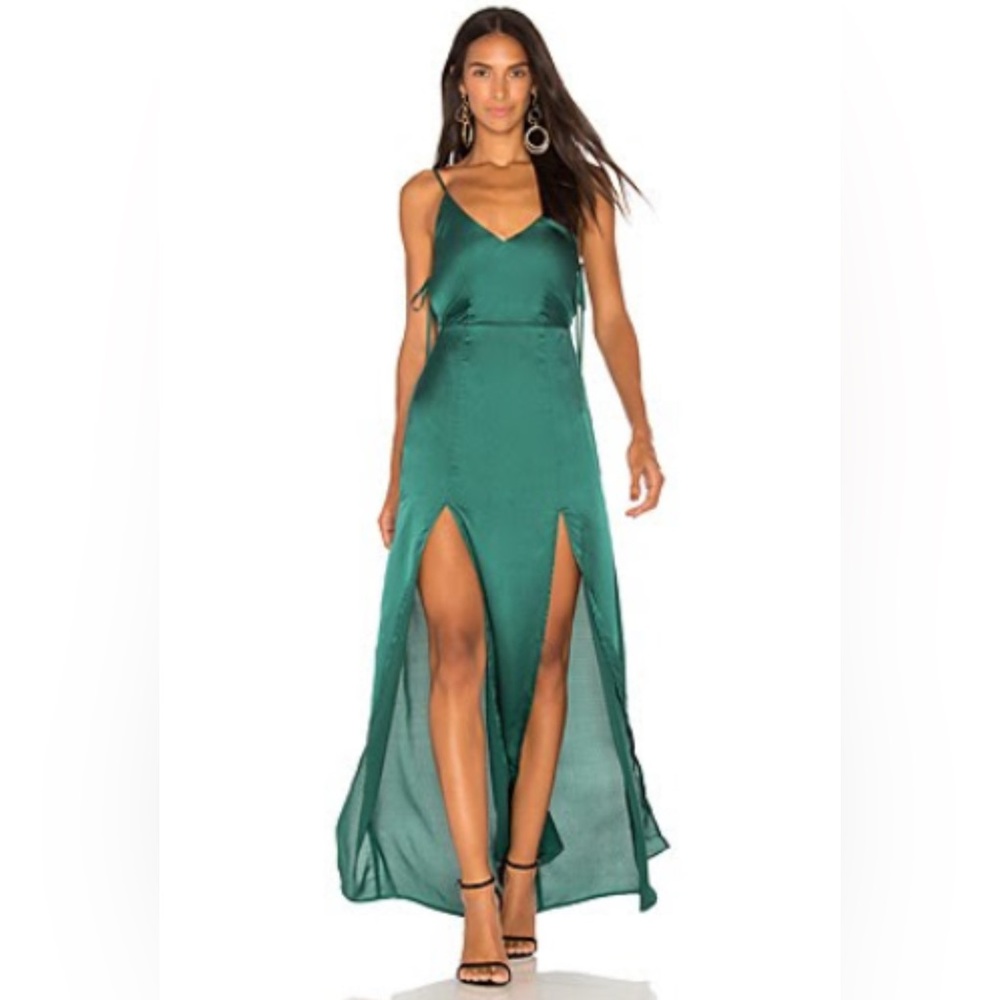 REVOLVE Satin Silk Emerald Gown Open Back Dress with Splits